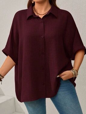 Relaxed Button-Front Shirt in Deep Wine